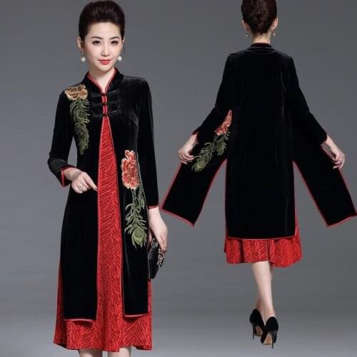 Spring Fall Chinese Vintage Womens Embroidery Red Floral Black Long Velvet Dress , 2019 Cheongsam Velour Dresses Set for Women