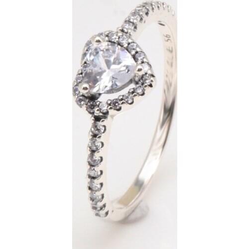 Genuine 925 Sterling Silver Pan Ring Elevated Heart Ring With Crystal For Women Wedding Party Gift Fashion Jewelry