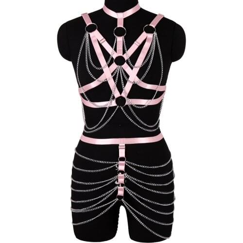 Metal Chain Accessories Women Sexy Lingerie Body Bondage 2PC Harness Set Cage Bra Suspender Stockings Garter Club Rave Costume