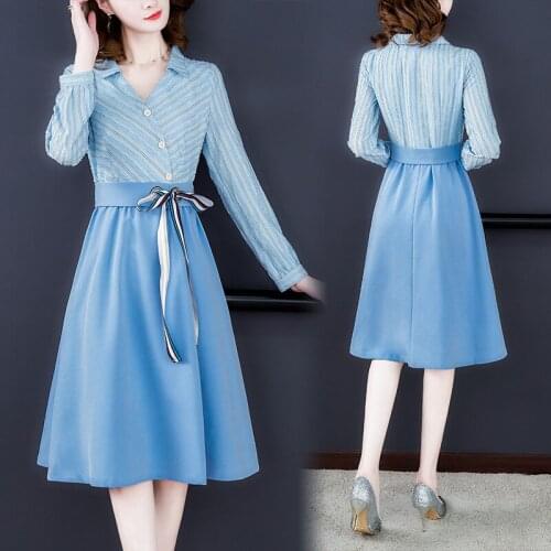 Dresses Womens Commuter V-neck Large Size Shirt Dress Waist Striped Temperament High Waist Long Sleeve Vestidos Autumn New Z493