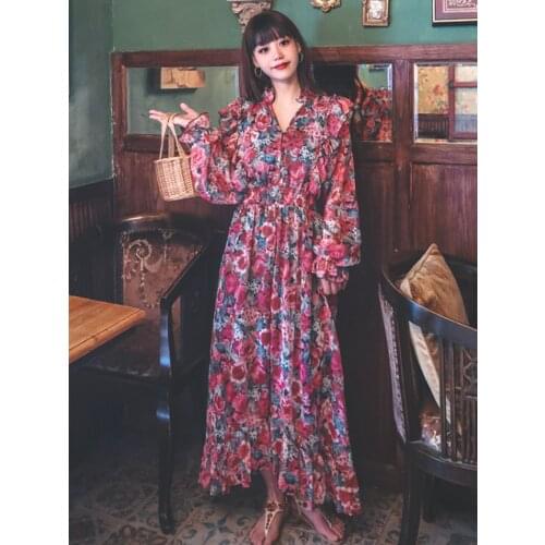 Summer New Womens Korean Version Of The Ins Retro Period Was Thin Printed Chiffon Ruffled Long Dress Bohemia Travel Beach Dress