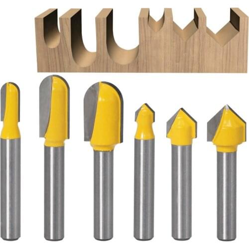 1/6PC 1/4 Shank Router Bits Set Core Box Bit rounf nose bit 90 Degree V-Groove Bit For Woodworking Tools