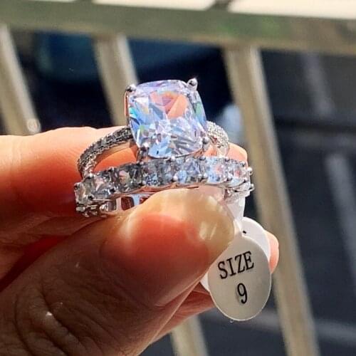 2020 New Top Sell Couple Rings Luxury Jewelry 925 Sterling Silver Cushion Shape White Topaz CZ Diamond Wedding Bridal Ring Set