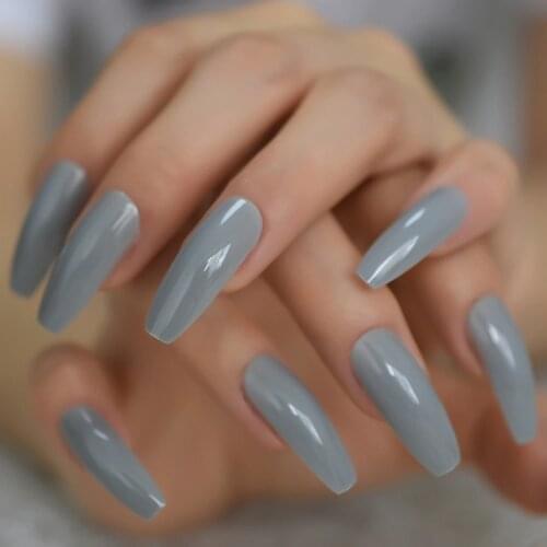Gray Shiny Coffin Nail Long Elegant Fake Nails Artificial Salon Ballerina Nails Acrylic Nail Accessories 24pcs
