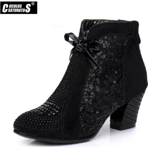 Cuculus Thick Mid Heel Nubuck Leather Lace Floral Bowknot Pearl Rivets Summer Women Sandals Ankle Boots Plus Size 34-42 1847