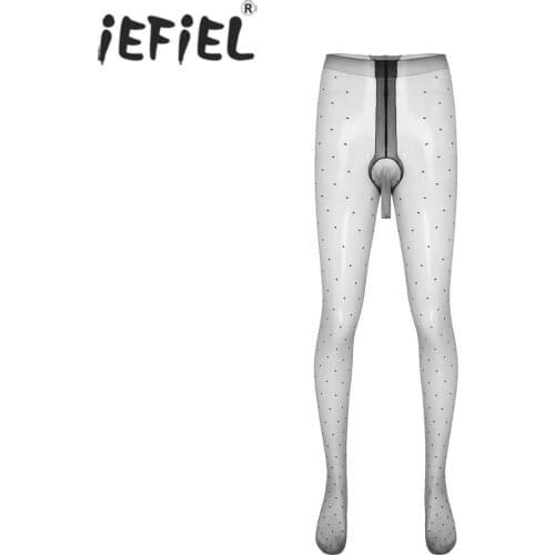 Men High Waist Bulge Pouch Pantyhose See-through Mesh Stockings Elastic Waistline Long Leggings Dot Pattern Slim Fit Pants