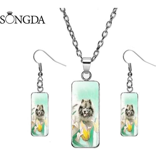 Classic Rectangular Glass Necklace Earrings Tulip of Good Wishes Choker Chain Cabochon Photo Glass Pendant Suit Set For Women