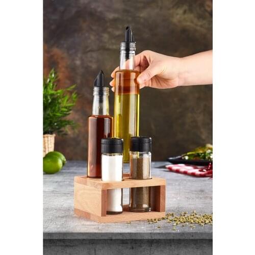 Kitchen Olive Oil Vinegar and Cruet Storage Bottle With Wooden Stand Set BBQ Leakproof Dispenser Container For Salad Kitchenware