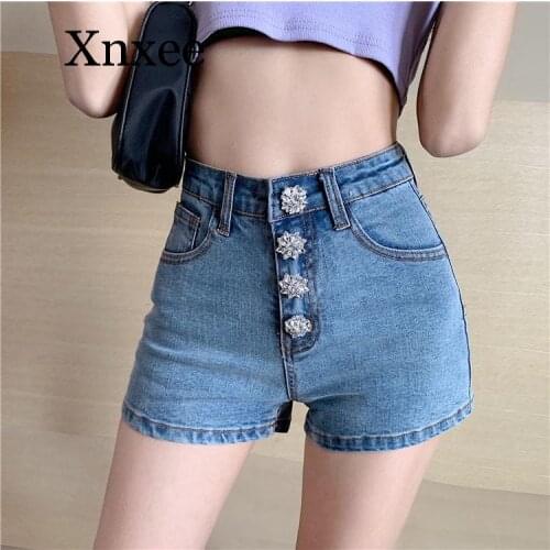 Summer denim shorts Diamond Button women blue/black Jeans Shorts Sexy High Waist Women Hot elegant pocket Crystal flower tight