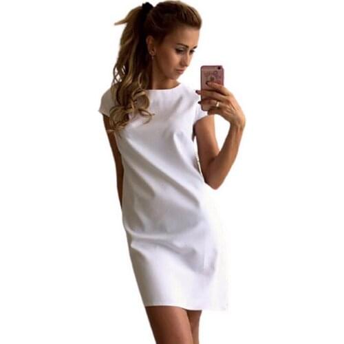 QRWR Sexy Fashion Dresses Women 2021 O Neck Casual Short Sleeve Dresses A Line Mini Solid Color Office Women Dresses Summer