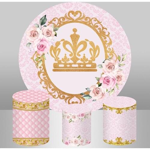 Pink Headboard Flower Gold Crown Princess Round Backdrop Cover Baby Shower Birthday Party Decor Candy Table Banner Plinth Cover