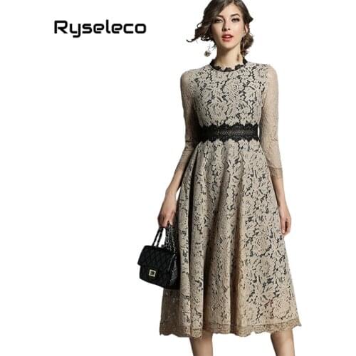 Ryseleco Hot Office Lady Solid Round Neck Fashion Hollow Out Empire Women Work Casual Mid-Calf Dress Patches Floral Lace Vestido