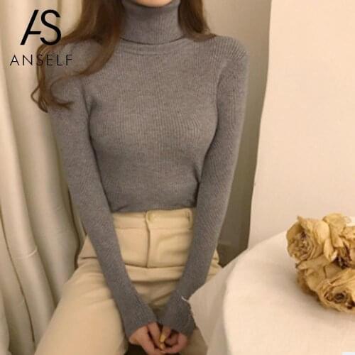 Autumn Winter Women Knitted Sweater Ribbed Long Sleeve Turtleneck Slim Jumper Soft Warm Pullover Tops
