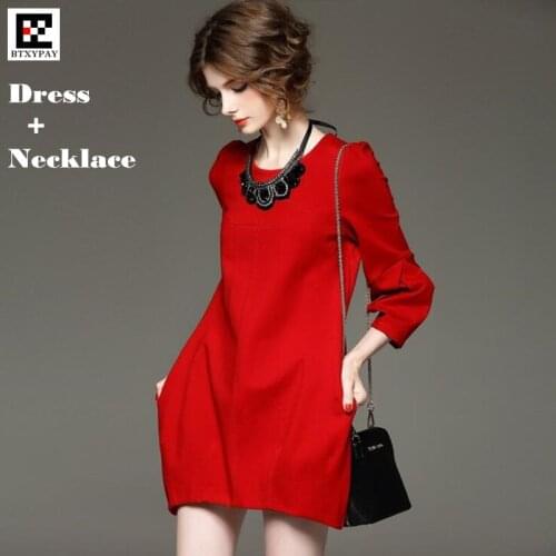 2017 Europe Fashion Women&Girl Top 420g Roman Cotton Above Knee,MINI Dress,Loose O-neck Autumn Womans Clothing,With Necklace