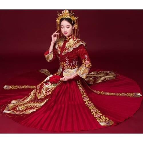 Traditional Qipao Ancient Vestidos Classic Chinese Wedding Dress with shawl Cheongsam Embroidery Phoenix Marriage Suit