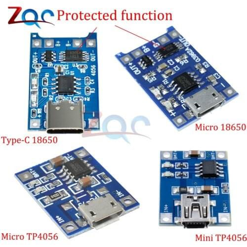 Type-c Micro Mini USB 5V 1A 18650 TP4056 Li-ion Lithium Battery Charger Module Charging Board Connector W/ Protection Functions