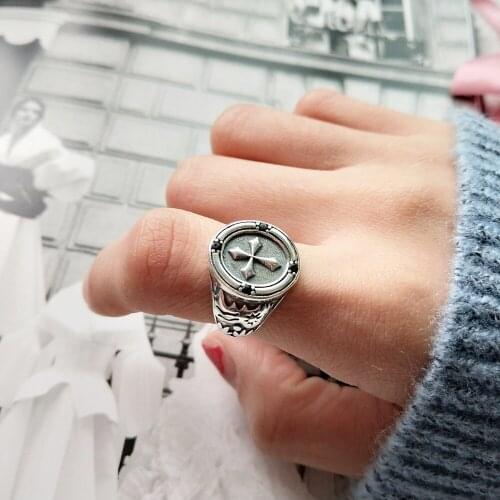 Vintage Authentic S925 Sterling Silver Fine Jewelry Religion cross rings simple personality old design charms Gift J248