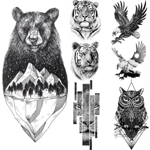 Mountain Temporary Tattoos For Men Bear Tiger Wolf Tattoo Owl Eagle Diamond Watertransfer Animal Realistic Black Fake Tatoo