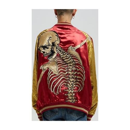 Yokosuka Reversible double-sided Japanese skeleton gangster embroidery Heavy Work Jackets Coats Baseball uniform Splicing Modern