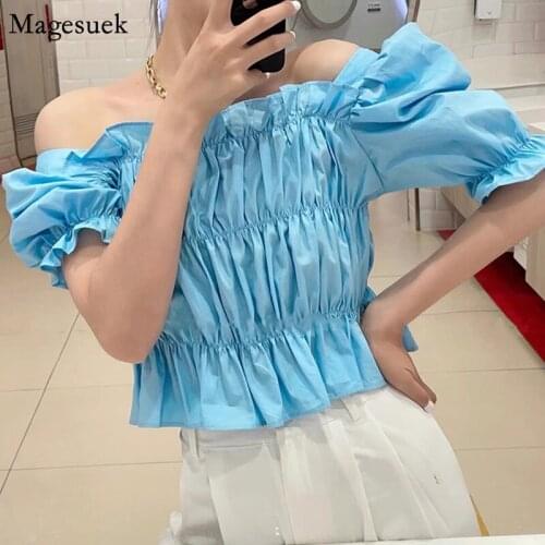 Pleated Off shoulder Korean Blouse Women Puff Short Sleeve Square Collar Woman Shirts Vintage Solid Slim Summer Top Blusas 14439