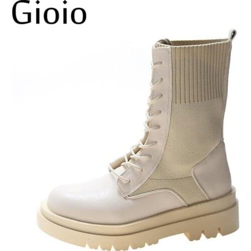Women Platform Sock Boots 2021 Autumn Winter New Ladies Breathable Short Boots Female Mid Heels Woman Comfort Shoes plus size