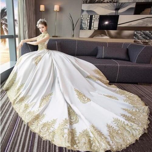 2021 ball gown gold lace wedding dresses for women high neck modest wedding gown satin bridal gown royal train vestidos de novia
