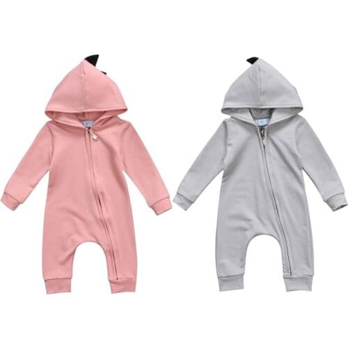 2 Style 0-24M Lovely Casual Kids Infant Baby Boy Girl Dinosaur Hooded Solid Zipper Romper Jumpsuit Clothes Outfit Spring Fall