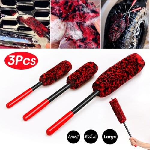 3pcs/set Car Wheel Hub Cleaning Brush Flexible Long Handle Premium Wool Car Rim Brushes Soft Fiber Car Tire Cleaning Brushes