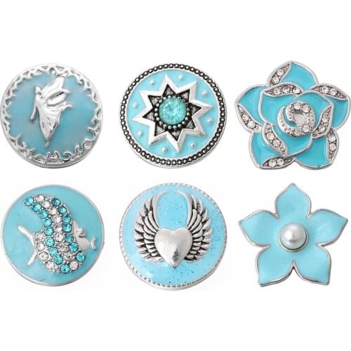 5pcs/lot Snap Button Jewelry Crystal Rhinestone Angel Flower Fish Wings Love Heart Metal 18mm Snap Buttons Fit DIY Snap Bracelet