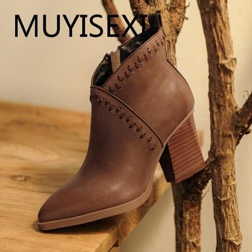 Retro brown genuine leather 7cm high heel zipper pointed toe comfortable winter quality women brand ankle boots DSHL05 MUYISEXI