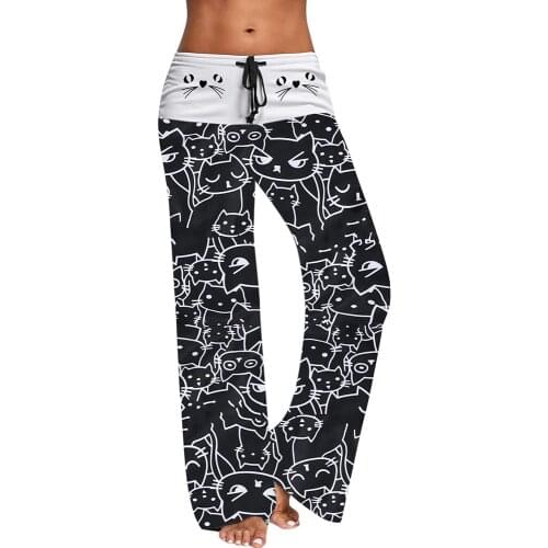 Pants Women Wide Leg Pants Women Casual New Fashion Cat Prints Drawstring Pants Leggings Pants