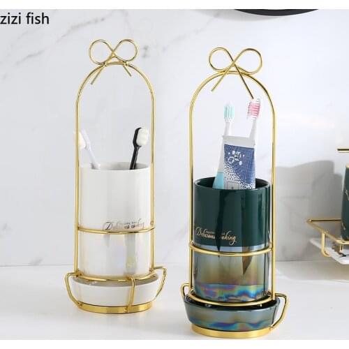 Colorful Ceramic Toothbrush Holder Drain Holder White Single Tier Bathroom Shelves Golden Bracket Basin Metal Storage Rack