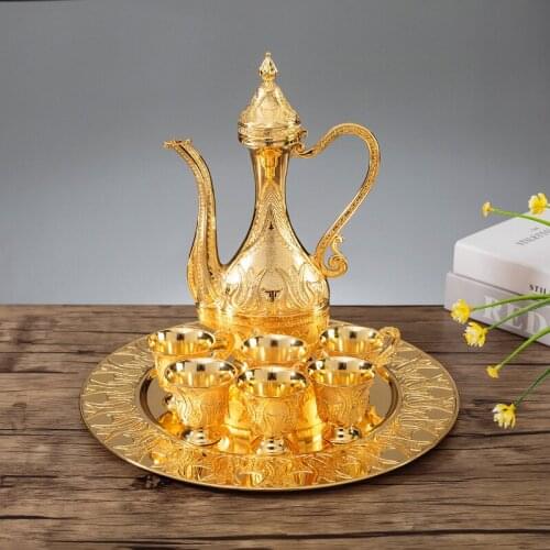 Europe Luxury Gold Silver Color Vintage Flower Carved Wine Cups Set Tea Cups Set Metal Art Craft Creative Gift 6cups+1pot+1plate