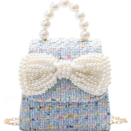 Canvas Children Shoulder Bags Kids Messenger Bags Fashion Pearl Crossbody Bags for Girls Bowknot Handbags Cute Infant Coin Purse