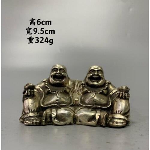 Chinese Tibet buddhism white copper wealth happy laugh Smiling face Maitreya Buddha Cupronickel statue Two together Tabletop