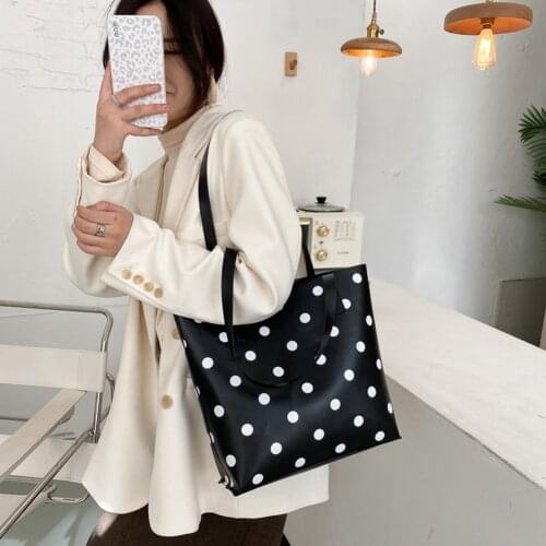 Korean Fashion Polka Dot PU Leather Simply Shopping Bags for Women 2021 New Shoulder Tote Travel Bags Ladies Purses Handbags