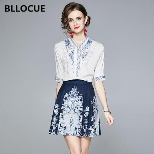 BLLOCUE Summer Elegant Flower Print Office Ladies Suit Women Bowknot Collar Half Sleeve Shirt Top+A-Line Mini Skirt 2Piece Set