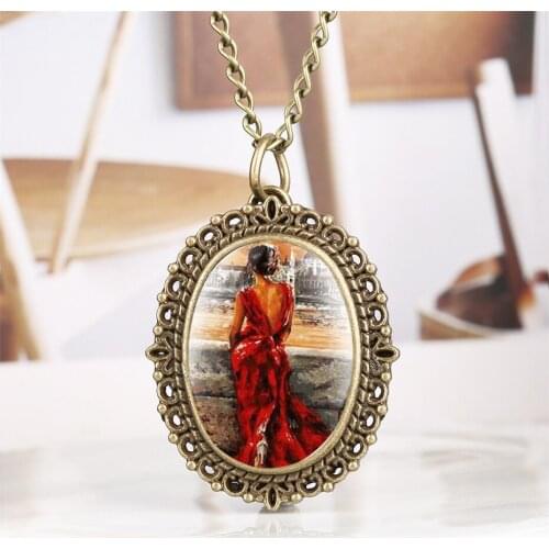 Small Oval Dial Quartz Pocket Watch Necklace Women in Red Dress Pattern Watches Ladies Timepieces Pendant 2019 New Fashion Clock