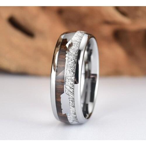 Fashion 8mm Mens Silvery Meteorite Inlay Stainless Steel Ring Inlay Koa Wood Arrow Ring Dome Edge Vikings Hunting Bands for Men