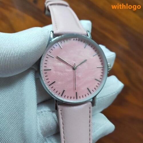 Fashion Women Watches Upper Leather Strap Coral Shell Dial Quartz Watch Withlogo