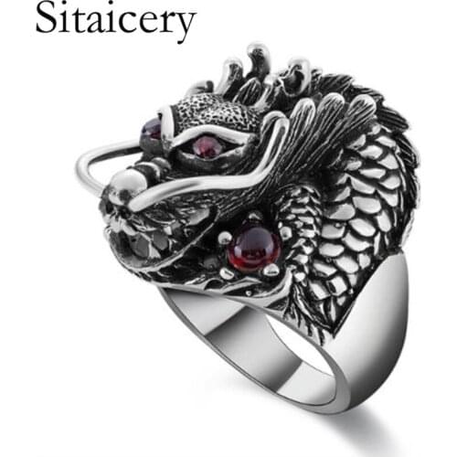 Sitaicery Retro Gothic Punk Men Rings Fashionable Red Eyes Dragon Mens Rings Halloween Trendy Jewelry Accessories Drop Shipping