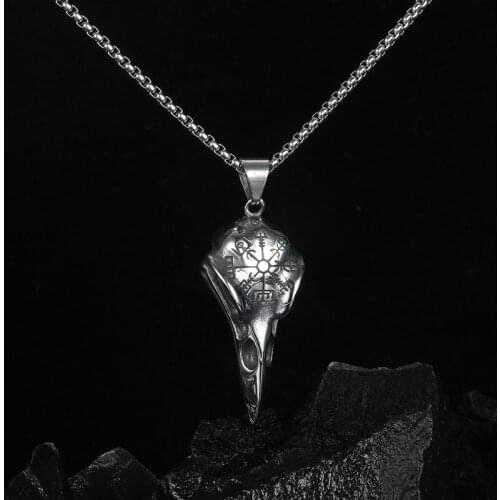 Nordic Totem Crow Skull Pendant Necklace Men Stainless Steel Viking Compass Bird Skull Necklace Women Punk Hip Hop Jewelry