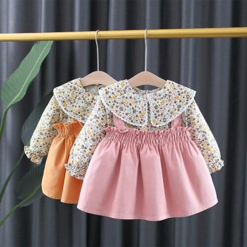 Baby girl clothes retro floral doll collar shirt sling skirt 2 pieces long-sleeve casual suit for girl baby suit baby girl suit