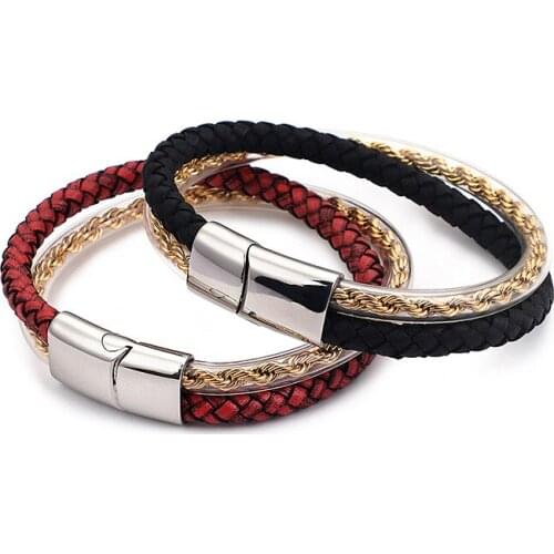 New fashion stainless steel magnetic buckle leather leather rope mens bracelet leather bracelet leather rope braided bracelet