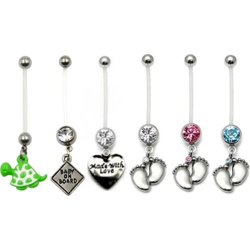 6pieces BABY ON BOARD & Turtle Assorted Style Pregnancy Belly Navel Piercing Ring Flexible Bio-Plastic Body Button Jewelry 14g