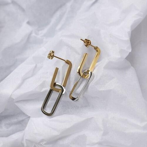 Detachable link chain dangling earrings for women stainless steel two tone punk asymmetric long earrings gold color fashion