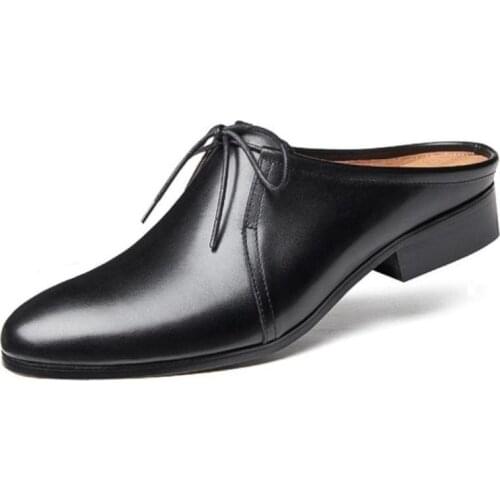 Spring Summer Genuine leather Slippers Casual Men Shoes Mens Round Toe Lace-Up Fashion Trendy Slippers Man Shoes White Black