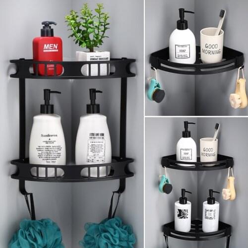 Tuqiu Bathroom Shelf with Hooks Bath Shower Shelf Aluminum Black Bathroom Corner shelf Wall Mounted Kitchen Storage holder