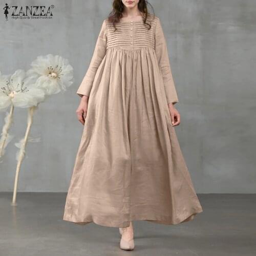 Vintage Square Neck Long Sleeve Sundress ZANZEA Women Elegant Solid Pleated Vestido Female Spring Casual Party Long Dress S