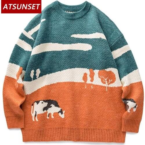 ATSUNSET Cow Pattern knitting Sweater Hip Hop Streetwear Vintage Style Harajuku Knitting Pullover